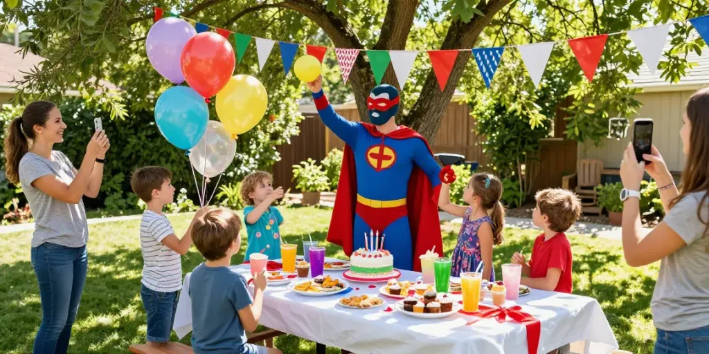 Rent a character for a fun-filled outdoor birthday party with kids enjoying superhero entertainment and colorful decorations.