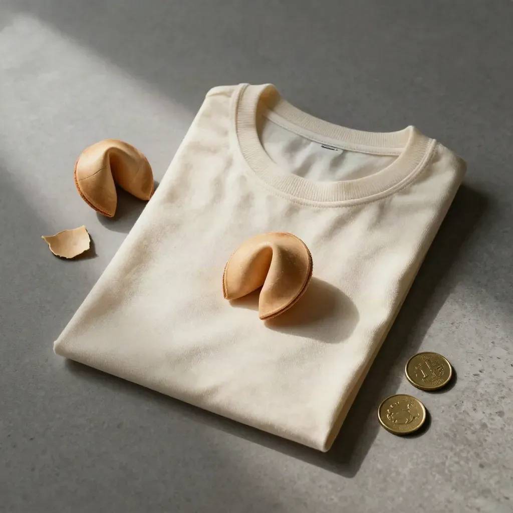 Overhead flatlay of a fortune-cookie tee with ceramic cookie, rice paper shard, and brass coins.
