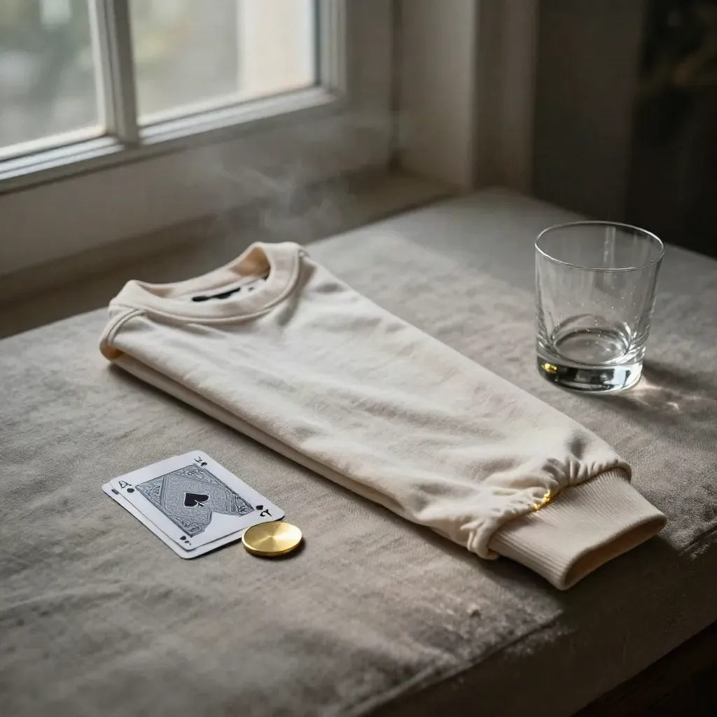 Folded long sleeve on pale linen with a face-down card, brass token, and glass tumbler.