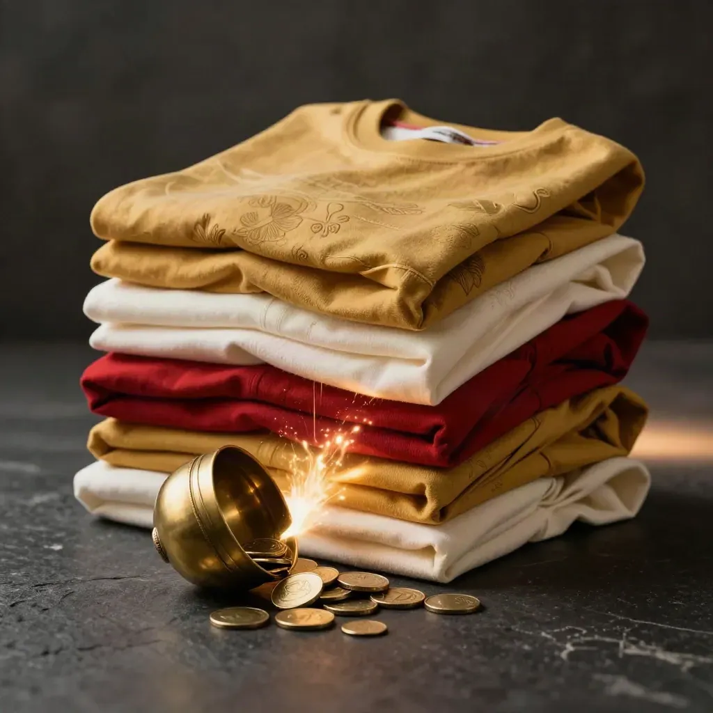 Four lucky tees burst beside a tipped brass coin bowl and charms on dark stone.