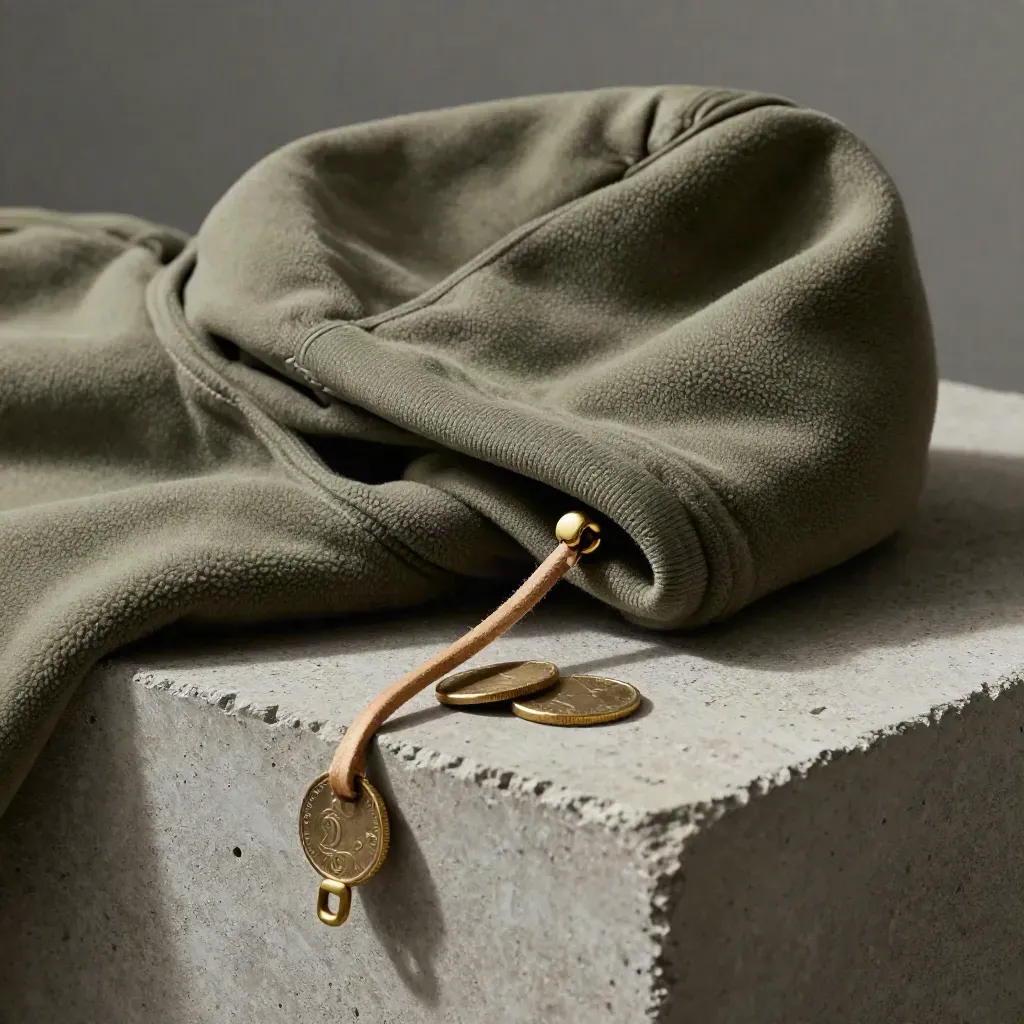 Macro of a fleece hoodie hood with brass clasp, leather cord, two coins, on concrete