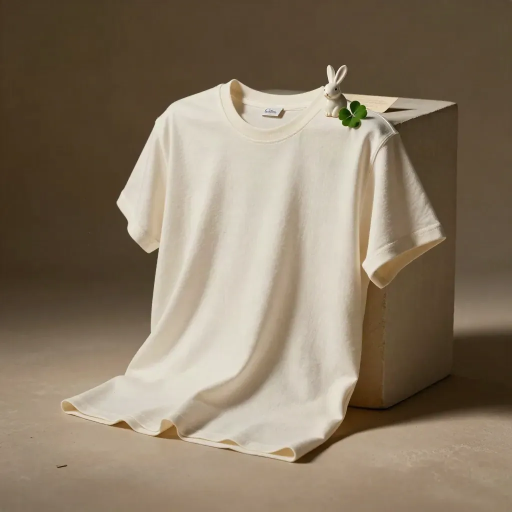 Rabbit Luck Tee on a plaster pedestal with rabbit charm, clover sprig, and a blurred card